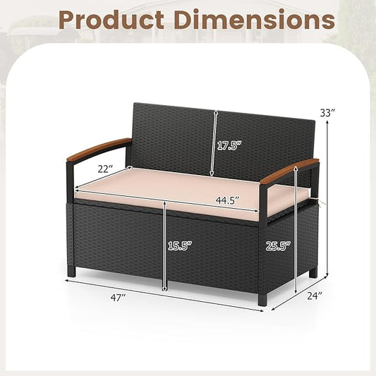 Tangkula 46 Gallon Outdoor Bench with Storage, Outdoor PE Rattan Storage Bench with Cushion, Backrest & Acacia Wood Armrests, Metal Frame, Waterproof Deck Box Seat for Porch Backyard Poolside