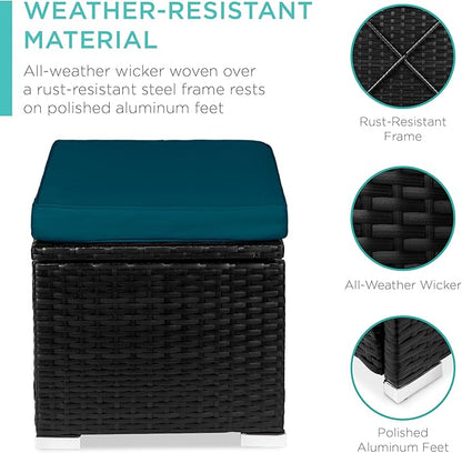 Best Choice Products Set of 2 Wicker Ottomans, Multipurpose Outdoor Furniture for Patio, Backyard, Additional Seating, Footrest, Side Table w/Storage, Removable Cushions - Peacock Blue/Black