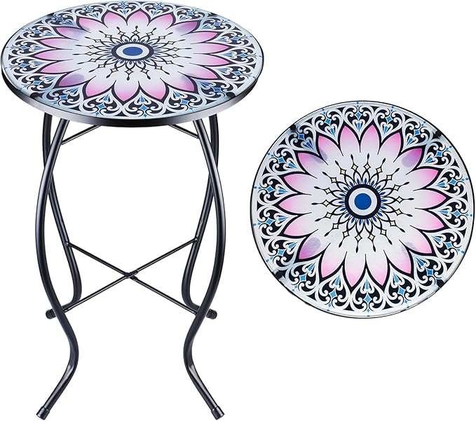 MUMTOP Side Patio Tables-Mosaic Outdoor Side Table - 14’’ Flower Glass Accent Round EndTable, Plant Stand Indoor Small CoffeeTable for Garden or Living Room Decor