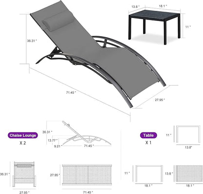 PURPLE LEAF Patio Oversized Chaise Lounge Chair Set with Side Table Pool Adjustable Recliner Chairs for Outside Beach Outdoor Sunbathing Tanning Poolside Loungers