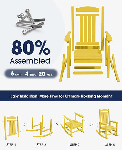 KINGYES Outdoor Rocking Chair Set of 2, HDPE Patio Rocking Chairs with 330lbs Support for Adults, Yellow