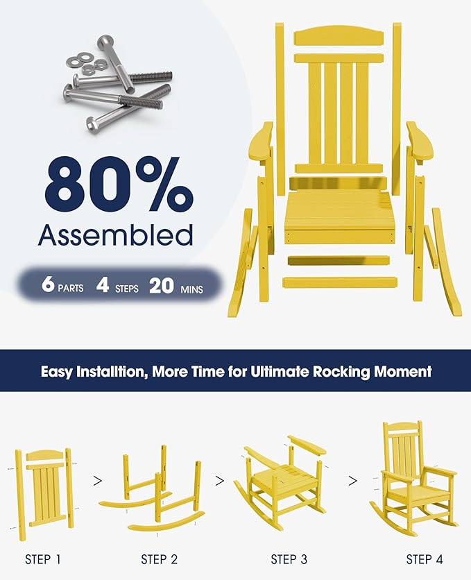 KINGYES HDPE Outdoor Rocking Chair Set of 4, All-Weather Poly Patio Rocking Chairs with 330lbs Support for Adults, Yellow