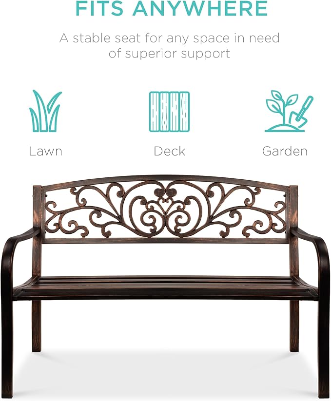 Best Choice Products Outdoor Bench Steel Garden Patio Porch Furniture for Lawn, Park, Deck w/Floral Design Backrest - Photo 4