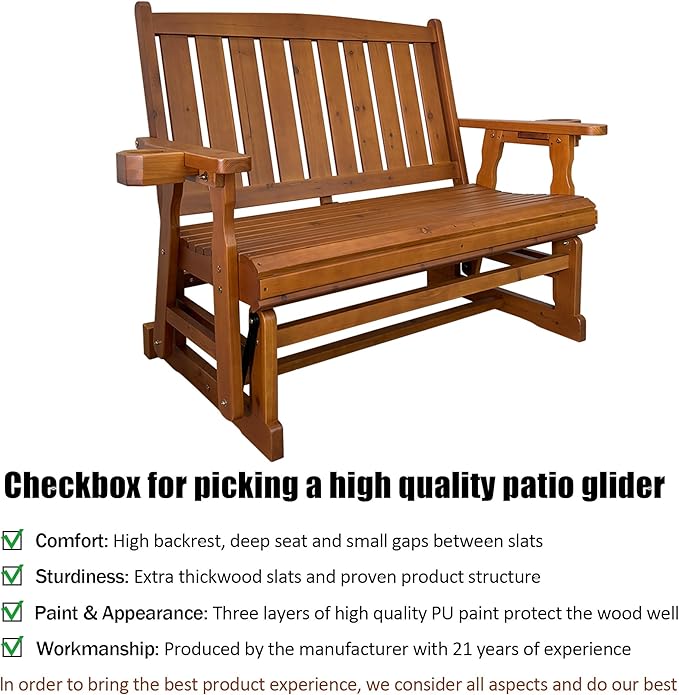 Fortune Candy Wooden Patio Glider, with Cup Holders, High Back and Deep Contoured Seat, Solid Fir Wood - Photo 3