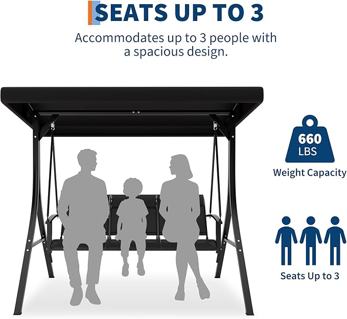 GAOMON 3-Seat Patio Swing Chair with Adjustable Canopy & Armrests, Breathable Textilene Fabric Seat & Backrest, Outdoor Porch Hanging Swing Bench for Garden, Poolside, Backyard – Black