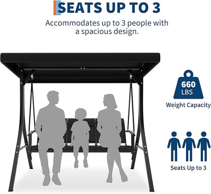 GAOMON 3-Seat Patio Swing Chair with Adjustable Canopy & Armrests, Breathable Textilene Fabric Seat & Backrest, Outdoor Porch Hanging Swing Bench for Garden, Poolside, Backyard – Black
