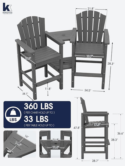KINGYES Tall Adirondack Chairs Set of 4 with 9FT Umbrella, All Weather Embossed Balcony Height Chair with Double Connecting Trays, High Airondack Chair with Wood Grain, Backyard, Deck, Gray
