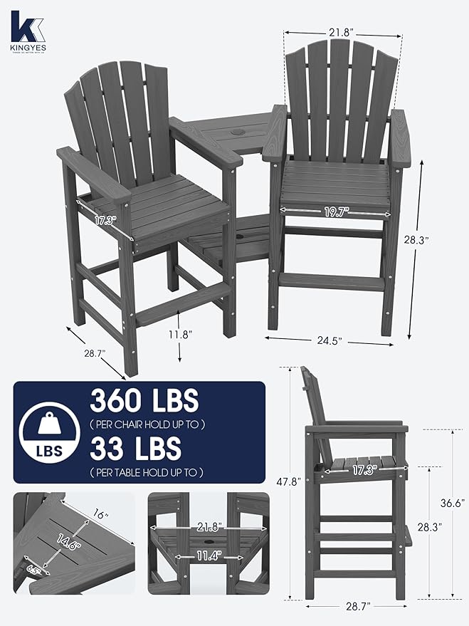 KINGYES Tall Adirondack Chair Set of 2, All-Weather HDPE Outdoor Adirondack Barstools with Removable Double Connecting Trays, High Airondack Chair with Wood Grain, Embossed Balcony Chair, Gray
