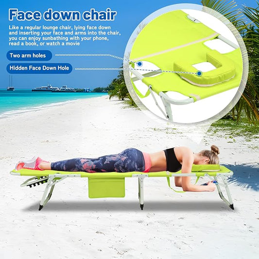 XMT 3-in-1 Tanning Chair with Face Hole for Outside, 5-Position Reclining & Head Cushion – Portable Folding Beach Lounge Chairs for Pool, Lawn, Yard (Green)