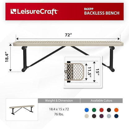 Leisure Craft Metal Outdoor Bench - 6 Foot Heavy Duty Backless Bench Seating for Garden, Porch, Picnic, Park, Expanded Metal, Thermoplastic Coating, Commercial Grade Furniture Made in USA - Beige