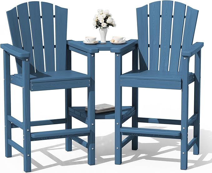 KINGYES Tall Adirondack Chair Set of 2, All-Weather HDPE Outdoor Adirondack Barstools with Double Connecting Trays, Bar High Airondack Chair with Wood Grain, Embossed Balcony Chair for Backyard, Blue