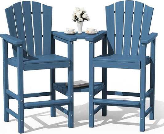 KINGYES Tall Adirondack Chair Set of 2, All-Weather HDPE Outdoor Adirondack Barstools with Double Connecting Trays, Bar High Airondack Chair with Wood Grain, Embossed Balcony Chair for Backyard, Blue
