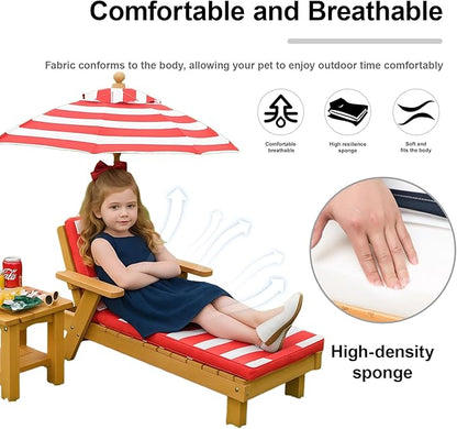 Kids Lounge Chair Outdoor, Kids Lounge Chair, Removable Striped Fabric Cushions, Outdoor Chaise Lounge with Parasol, Cushions and Coffee Table for Children or Dogs Dark Blue 14.5x35.9x20.1in
