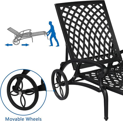 Outvita Lounge Chairs for Outside, Patio Cast Aluminum Recliner with Adjustable Back and Rolling Wheels for Backyard Porch Pool Balcony Deck (Black)