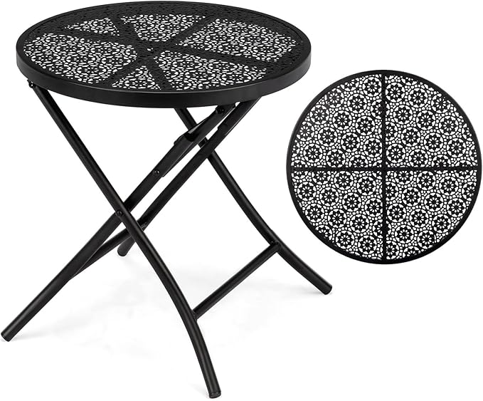 Patio Folding Side Table, Round Outdoor End Table,18 inch Folding Patio Side Table, Metal Steel Outdoor Round Coffee Table with Flower Cutouts for Patio Yard Balcony Garden, Black
