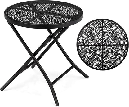 Patio Folding Side Table, Round Outdoor End Table,18 inch Folding Patio Side Table, Metal Steel Outdoor Round Coffee Table with Flower Cutouts for Patio Yard Balcony Garden, Black