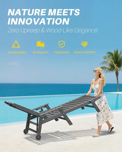 HDPE Patio Lounge Chair Set of 2, 78.4'' Outdoor Poly Lounge Chairs, 5-Position Adjustable Outdoor Lounger with Wheels & Cup Holder, HDPE Patio Chaise Lounges for Backyard, Deck, Smoke Gray