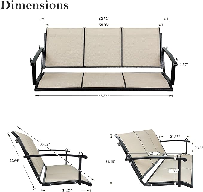 Textilene 3 Seat Hanging Swing, 5.2FT Patio Bench Swing - Photo 6