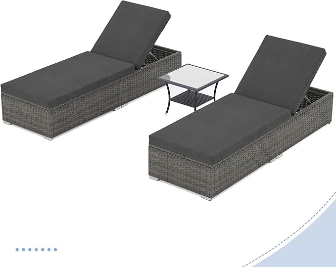 JOIVI Chaise Lounge Chairs Set of 2 w/Coffee Table, 5 Angle Backrest and Removable Cushions, PE Wicker Rattan Outdoor Lounge Chair Pool Lounger Patio Reclining Chair, 3-Piece Pool Furniture, Dark Gray
