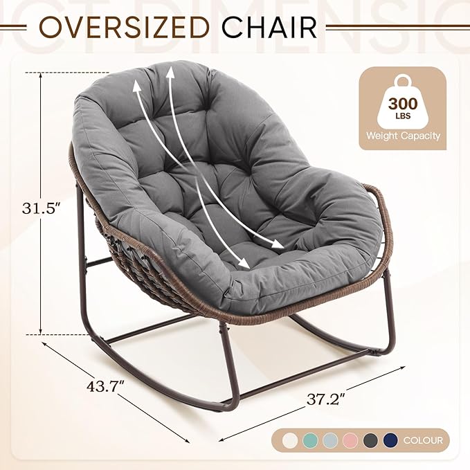 Large Indoor Rocking Chair Set of 2, Oversized Rocking Papasan Chair with Thick Cushion and Frame,Comfy Velvet Rocker Wicker Egg Chairs Lounge Reading Chair for Living Room, Bedroom, Light Grey