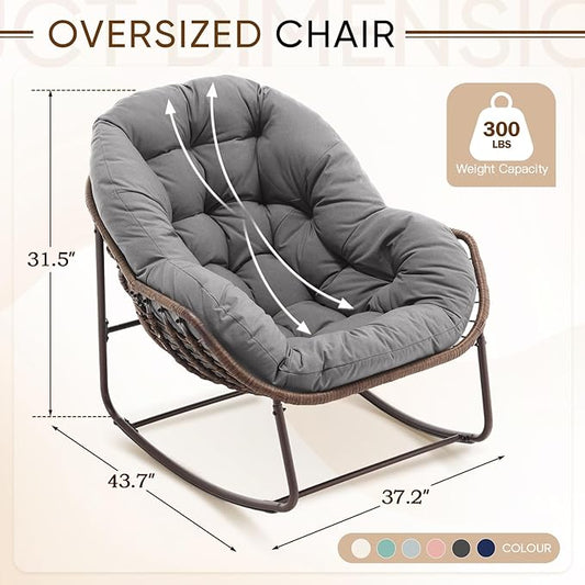 Large Indoor Rocking Chair, Oversized Rocking Papasan Chair with Thick Cushion and Frame,Comfy Teddy Rocker Wicker Egg Chairs Lounge Reading Chair for Living Room, Bedroom, Apartment, Light Grey