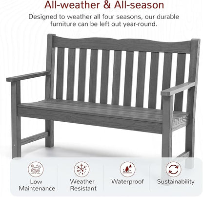 Stoog 3 Piece Outdoor Bench & Outdoor Chairs Set, All-Weather HIPS Patio Furniture Set, Include 1 Patio Bench and 2 Patio Chairs, Grey