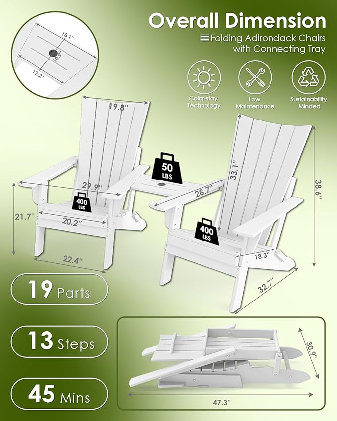 GREENVINES Folding-Adirondack-Chairs-Set-of-2 | HDPE Plastic | Arch Series | Fire Pit Chair | with Connecting Tray | Removable Table | All Weather | for Outdoor Patio Deck Poolside | White