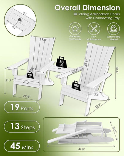 GREENVINES Folding-Adirondack-Chairs-Set-of-2 | HDPE Plastic | Arch Series | Fire Pit Chair | with Connecting Tray | Removable Table | All Weather | for Outdoor Patio Deck Poolside | White