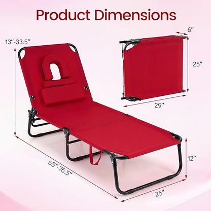 COSTWAY Tanning Chair with Face Hole, Pillows & Adjustable Backrest, Portable with Carrying Bag, Folding Beach Chaise Lounge for Sunbathing, Seaside (2, Red)