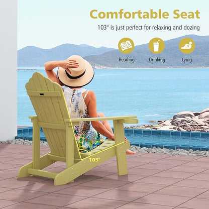 Tangkula Oversized Adirondack Chair, Patio Lounge Chairs w/Adjustable Cup Holder, HIPS Armchairs Slatted Chair, Outdoor Weather Resistant Fire Pit Chair for Deck Backyard Garden Porch (1, Yellow)