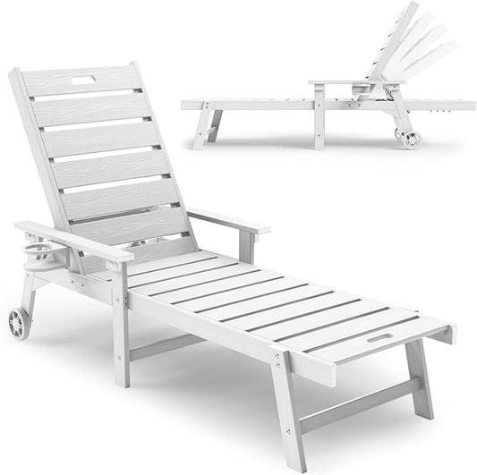 YEFU Lounge Chair Outdoor Chaise: Outdoor Chaise Lounge with 5-Level Adjustable Backrest, Cup Holders & Wheels, All-Weather Resistance Chaise Lounge for Outside/Patio/Beach/Deck, White