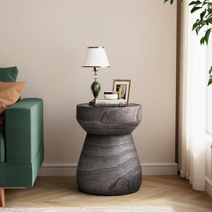 COSIEST Outdoor Side Table with Chessboard, 14'' Round Concrete Lightweight Faux Wooden Multi-Use End Table Garden Stool Log Style Plant Stand for Deck, Patio, Grey