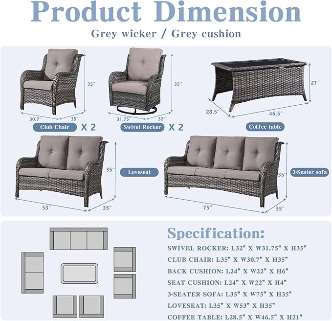 Belord Outdoor Furniture Wicker Conversation Sets - 7 Piece Patio Rattan Furniture Sets with Swivel Rocker Chairs - Photo 3