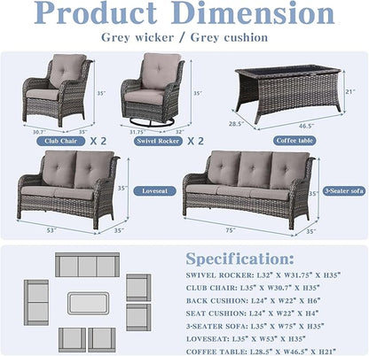 Belord Outdoor Furniture Wicker Conversation Sets - 7 Piece Patio Rattan Furniture Sets with Swivel Rocker Chairs Outdoor Sofa for Porch Deck Backyard Mixed Grey/Grey