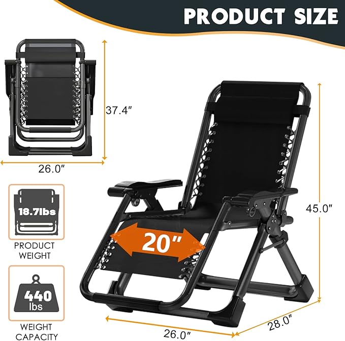 MOPHOTO Zero Gravity Chair, Outdoor Padded Lounge Chair with Side Table, Zero Gravity Recliner Chair, Outdoor Reclining Chair, Sturdy & Comfortable, Supports up to 440lbs