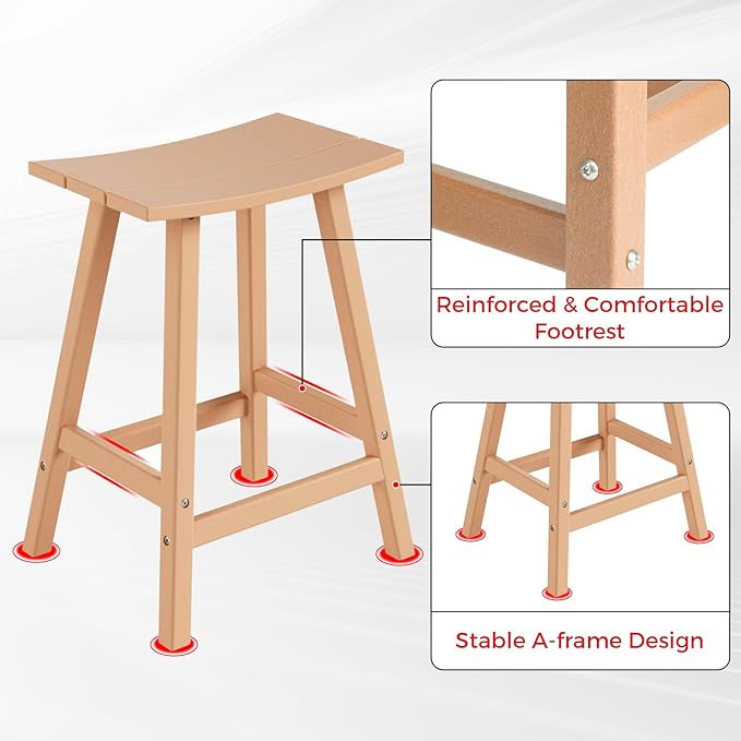 Costaelm All-Weather Bar Stools Set of 2, 24" Height Outdoor Bar Stools, Adirondack Poly Patio Bar Stool for Patio, Deck, Kitchen Counter and Garden, Teak