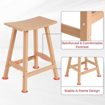 Costaelm All-Weather Bar Stools Set of 2, 24" Height Outdoor Bar Stools, Adirondack Poly Patio Bar Stool for Patio, Deck, Kitchen Counter and Garden, Teak