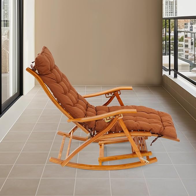Foldable Bamboo Rocking Chair, Adjustable Back Patio Reclining Chair with Seat Cushion & Foot Massager, Foldable Outdoor Chaise Lounge Chair for Backyard Yard Pool Beach Load Capacity 330Lbs