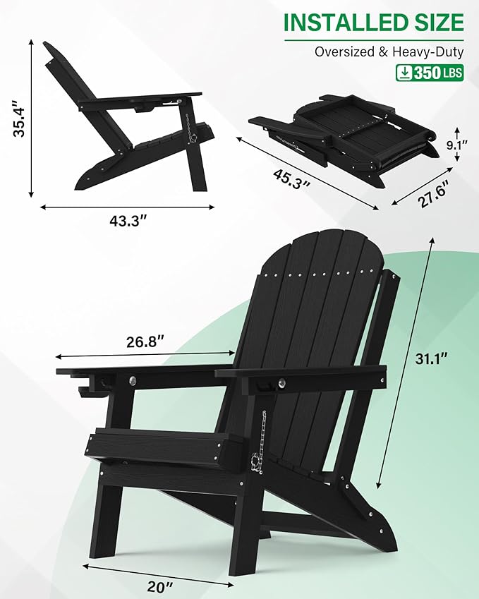 YEFU Adirondack Chairs Set of 4 for Patio: Folding Plastic Fire Pit Chair with Cup Holders & Adjustable Backrest - Sturdy All-Weather HDPE for Outdoor Backyard Deck- Easy Assembly(Black)