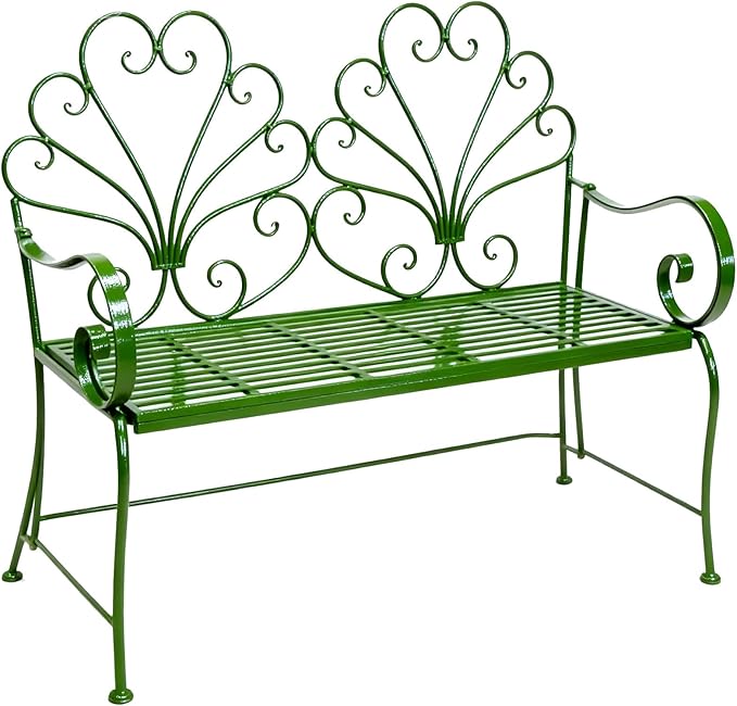 Vintage Garden Metal Bench, Decorative Peacock Fan Design, Green Iron, Outdoor Patio Furniture with Scrollwork Backrest Customized (Green)