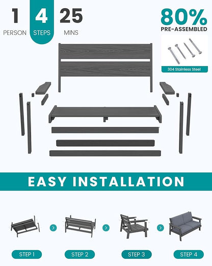 SERWALL HDPE Outdoor Patio Loveseat, Grey Frame and Grey Cushion
