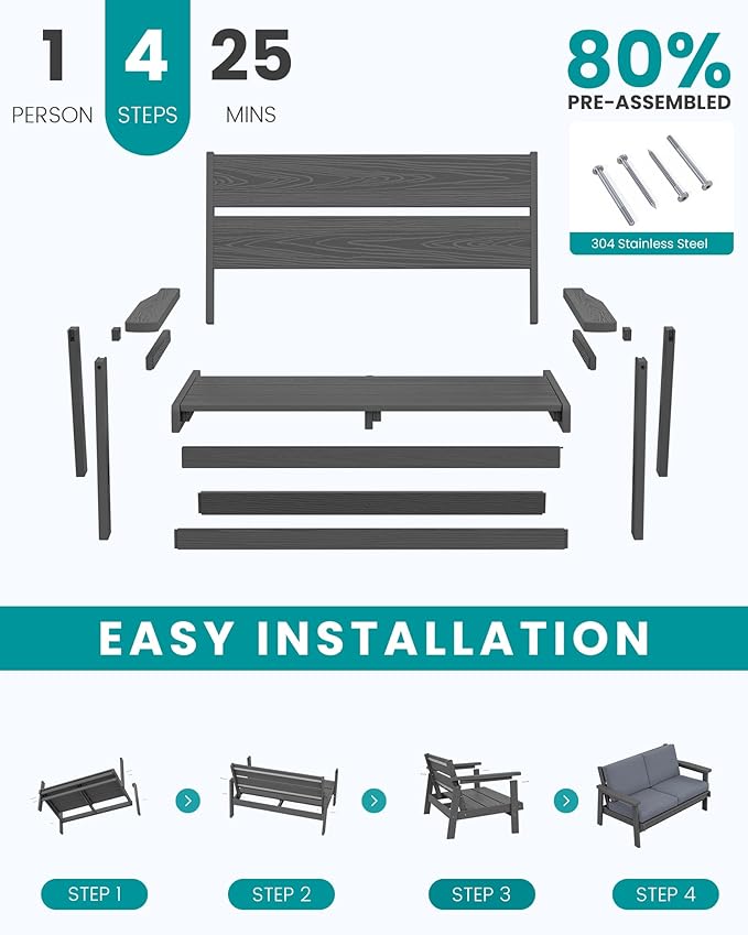 SERWALL 4 Piece HDPE Outdoor Furniture Set, All Weather Wood-Like Outdoor Sofa Sectional Couch - Photo 7