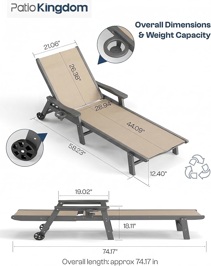 Patio Chaise Lounge Chair with Wheels & Cup Holder - Photo 6