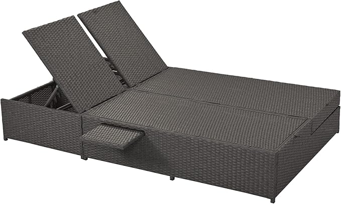 Patio Rattan Sunbed, All Weather Outdoor Wicker Double Daybed with Adjustable Backrest and Cup Tray - Photo 8