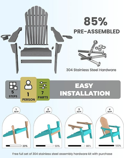 Oversized Adirondack Chair with Dual Cup Holders, Ergonomic High Back HDPE Fire Pit Chair, 380lbs Capacity All-Weather Outdoor Patio Lounge Chair for Garden, Deck, Yard - Grey