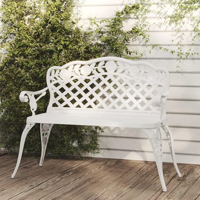 Traditional White Cast Aluminum Garden Bench with Floral Patterns, 42.5 Inch Wide Outdoor Seating for Patio and Garden, Durable Metal Bench with Scrollwork Design