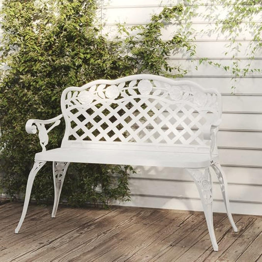Traditional White Cast Aluminum Garden Bench with Floral Patterns, 42.5 Inch Wide Outdoor Seating for Patio and Garden, Durable Metal Bench with Scrollwork Design