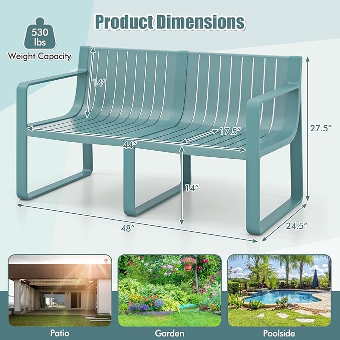 Tangkula Patio Loveseat, Weather-Resistant Plastic 2-Person Bench with Curved Backrest, Outdoor Conversation Furniture with Slatted Design for Patio, Poolside, Backyard, Garden, Deck, Lawn (Blue)