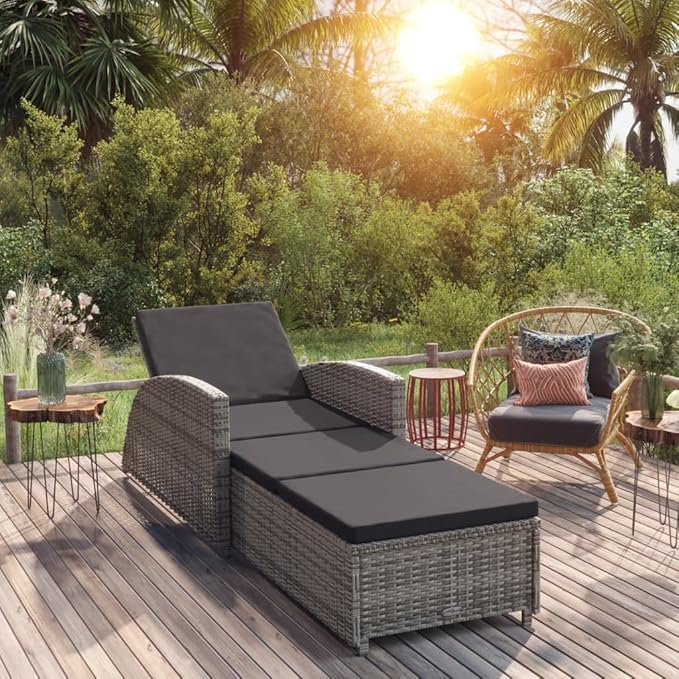 PE Rattan Sun Lounger Grey 79 x 26 x 26 in, Adjustable Armrests, Powder Coated Steel Frame Outdoor Chaise Lounge for Patio, Poolside, Garden and Balcony