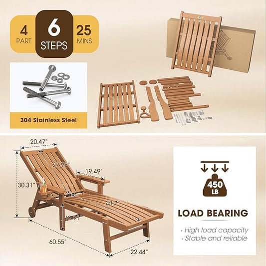 THOEOE Patio Chaise Lounge Chair, Oversized Lounge Chair Outdoor with 5 Positions, HDPE, Patio Lounge Chair with Wheels & Cup Holder for Pool, Deck, Poolside,Wood